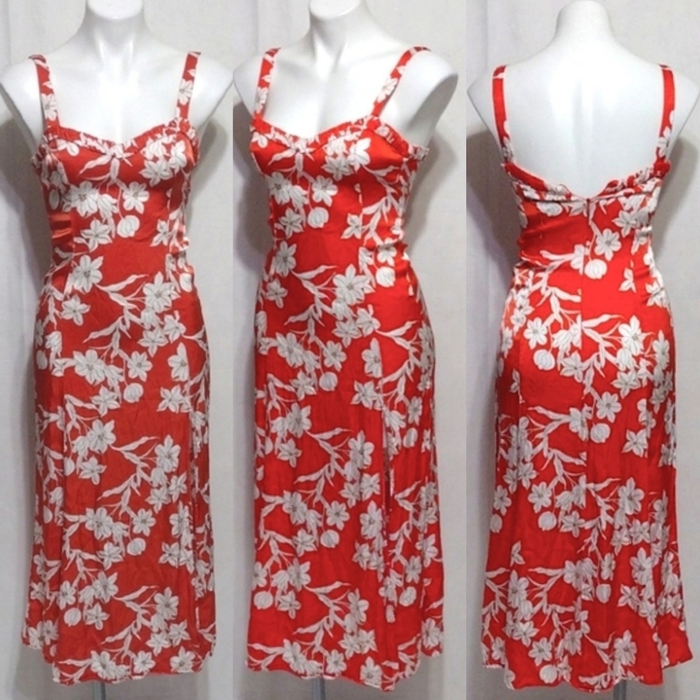 Zara Coral Orange Floral Satin Midi Dress XS Sleeveless Draped Front Side Slit